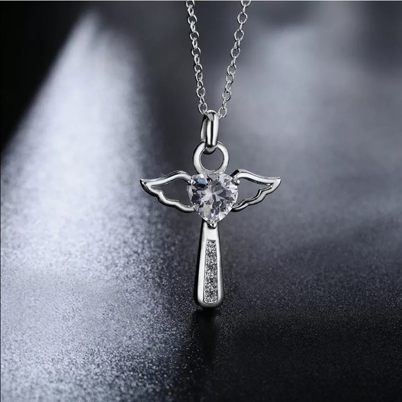 Sterling Silver Crystal Cross Angel Wings Necklace NEW - Picture 2 of 9